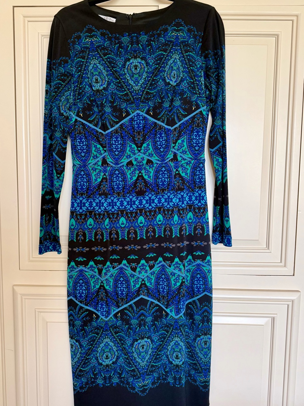Maggy London Blue & Teal Long Sleeve Printed Sheath Dress